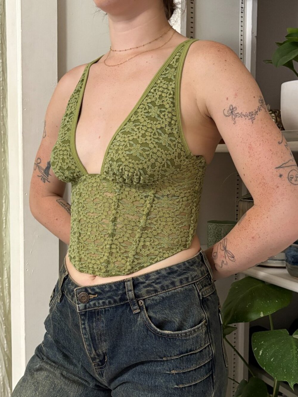 UO Green Lace Corset Tank Top - S